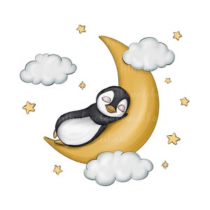 Sleeping Penguin Clipart: Moon & Stars PNG (Digital Download)