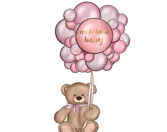 Teddy Bear Clipart, Pink Balloons, Baby Shower PNG (Digital Download)