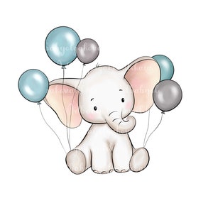 Elephant Clipart, Elephant, Balloons PNG, Baby Shower Boy, Digital Download