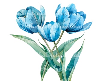 Tulips PNG, Watercolor Blue Tulips Clipart, Digital Download