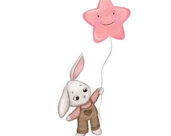 Sweet Bunny Clipart, Cute Rabbit With Star Balloon PNG, Baby Bunny ...