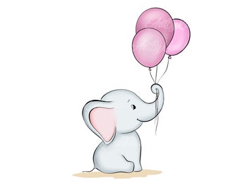 Elephant Clipart, Elephant, Balloons PNG, Baby Shower Girl, Digital Download