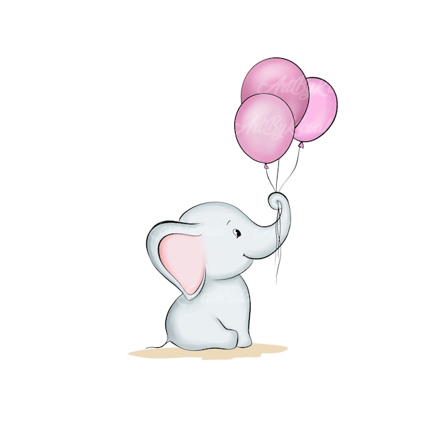 Elefante Clipart, Elefante, Palloncini PNG, Baby Shower Girl, Download digitale