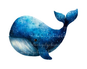 Clipart de Baleia em Aquarela PNG: Animais do Mundo Marinho (Download Digital)