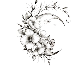 Puede incluir: Una ilustración en blanco y negro de una luna creciente con flores y hojas. La luna está estilizada con una superficie texturizada y una pequeña luna creciente en la parte superior.