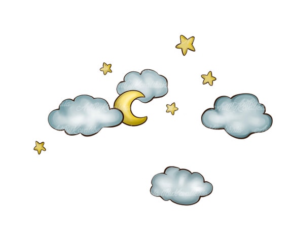 Moon PNG, Moon Clipart, Moon, Clouds and Stars, Digital Download