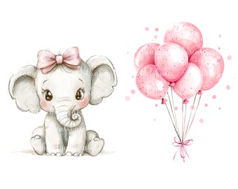Imágenes prediseñadas de elefante, elefante de acuarela, globos PNG, baby shower de niña, descarga digital