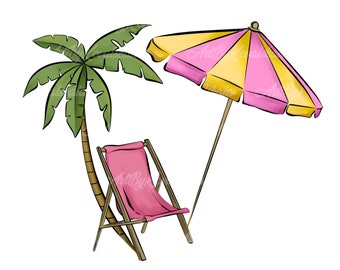 Summer Clipart PNG, Vacation Clip Art, Palm Tree, Beach, Umbrella, Digital Download