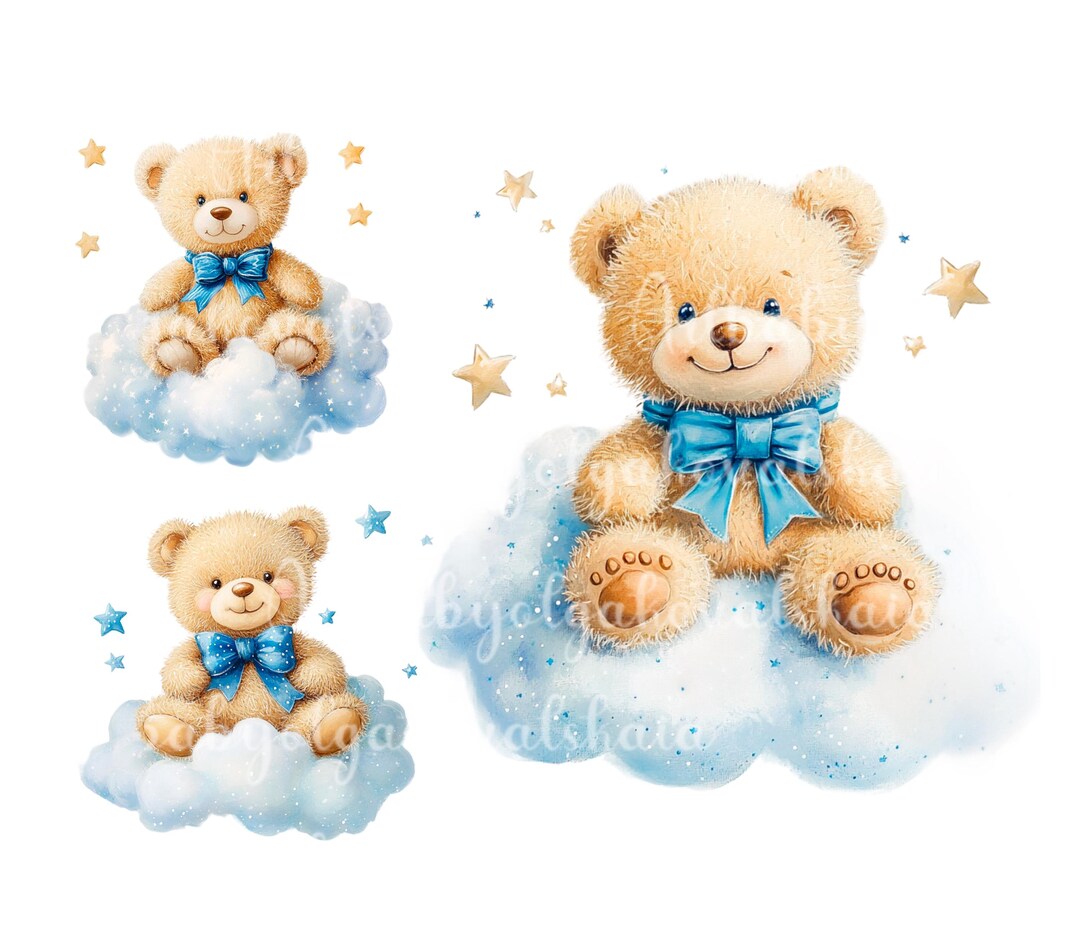 Teddy Bear Clipart, Cute Teddy Bear on a Cloud PNG, Baby Shower Clipart ...