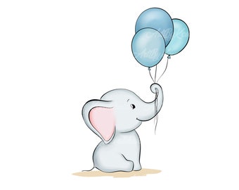 Elephant Clipart, Elephant, Balloons PNG, Baby Shower Boy, Digital Download