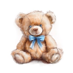Teddy Bear Clipart, Watercolor Bear PNG, Baby Shower Boy, Digital Download