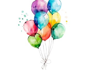 Balloons PNG, Watercolor Multicolor Balloons Clip art, Birthday Clipart, Digital Download