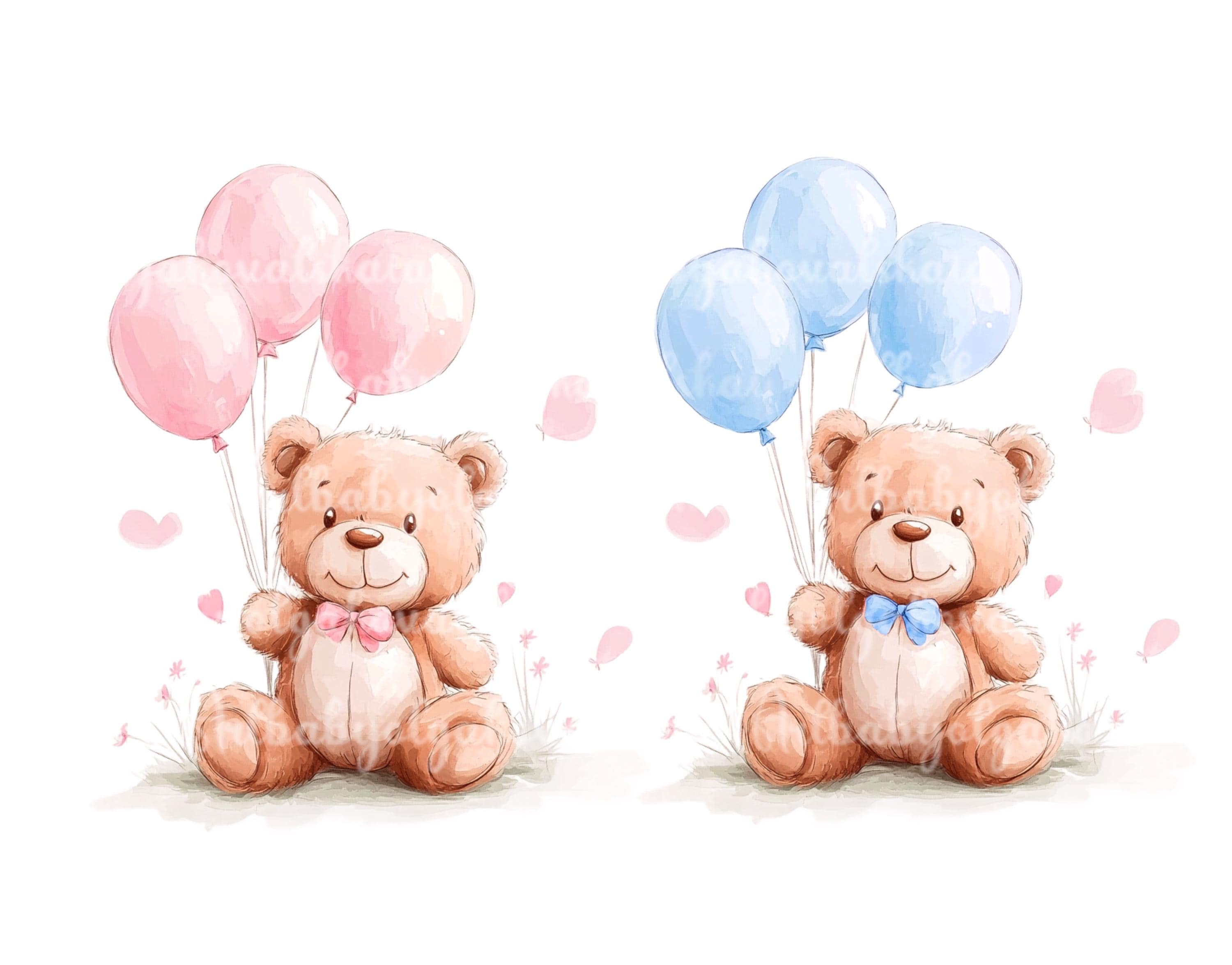 Watercolor Teddy Bear Clipart, Cute Bear PNG, Balloons, Baby Shower Clipart, Gender Reveal, Digital Download