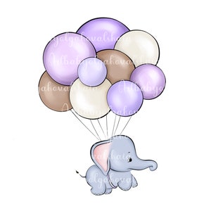 Elephant Clipart, Elephant, Balloons PNG, Baby Shower Lavender, Digital Download