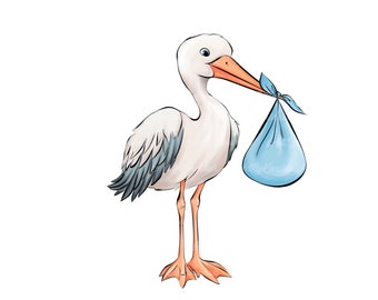 Stork Baby Shower Clipart: Boy PNG Image (Digital Download)
