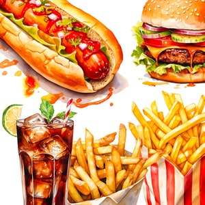 Fast food Clipart, Hamburger, French Fries, Hot Dog PNG, Digital Download