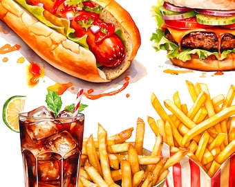 Clipart fast food, hamburger, patatine fritte, hot dog PNG, download digitale