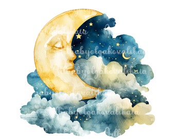 Watercolor Moon PNG, Clouds Clip art, Stars, Digital Download