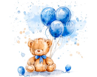 Watercolor Teddy Bear Clipart: Baby Shower Boy PNG (Digital Download)