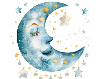 Watercolor Moon PNG, Clouds Clipart, Stars, Digital Download