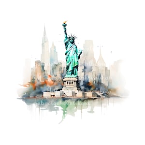 New York Cityscape, Watercolor Landscapes, Statue of Liberty, Digital Art, Printable, Commercial Free, DIGITAL DOWNLOAD