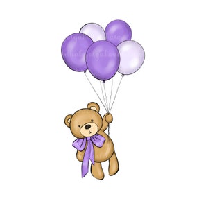 Teddy Bear Clipart PNG, Purple Balloons, Baby Shower Clip art, Digital Download