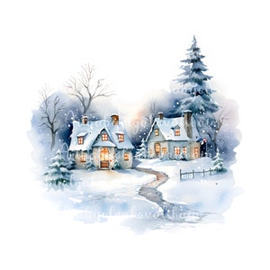 Watercolor Winter Landscape, Watercolor Christmas, Digital Art, Printable, Commercial Free, DIGITAL DOWNLOAD
