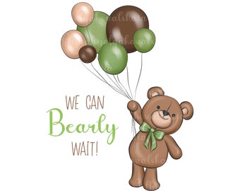 Teddy Bear Clipart: Balloons, Baby Shower PNG (Digital Download)