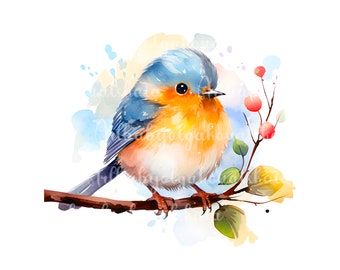 Watercolor Birdie on a branch PNG, Bullfinch Clipart, Digital Download