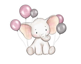 Clipart de elefante, elefante, globos PNG, baby shower de niña, descarga digital