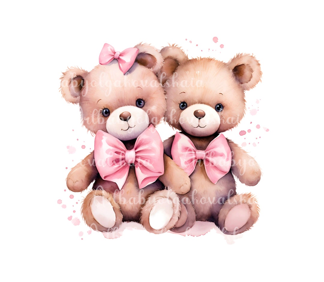 Watercolor Teddy Bear Clipart PNG, Baby Shower Girl Twins, Digital ...
