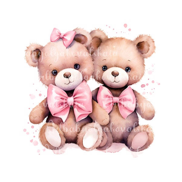 Watercolor Teddy Bear Clipart PNG, Baby Shower Girl Twins, Digital Download