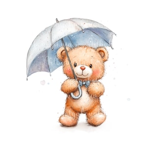 Teddy Bear Clipart, Watercolor Bear PNG, Baby Shower Boy, Digital Download