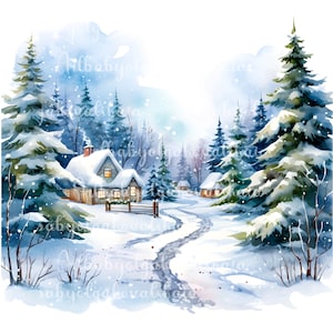 Watercolor Winter Landscape, Watercolor Christmas, Digital Art, Printable, Commercial Free, DIGITAL DOWNLOAD