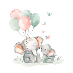 Elephant Clipart, Watercolor Elephant, Balloons PNG, Baby Shower, Digital Download