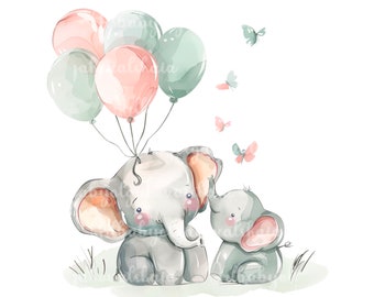 Clipart ze słoniem, akwarelowy słoń, balony PNG, Baby Shower, pobieranie cyfrowe