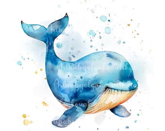 Clipart de Baleia em Aquarela: Animal Marinho PNG (Download Digital)