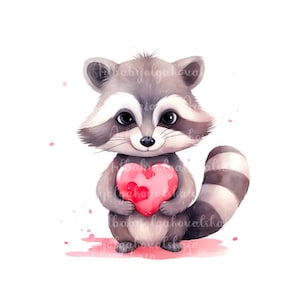 Cute Raccoon PNG, Watercolor Raccoon Heart, Love, Valentines Day Clipart, Digital Download