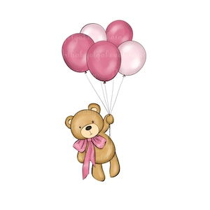 Teddy Bear Clipart PNG, Pink Balloons, Baby Shower Girl, Digital Download