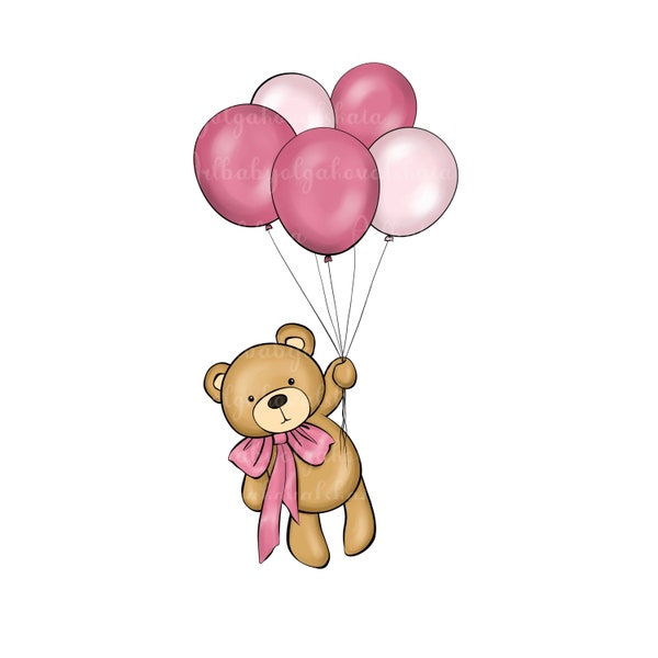 Teddy Bear Clipart PNG, Pink Balloons, Baby Shower Girl, Digital Download