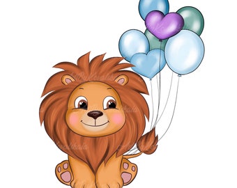 Clipart de leão, leão, balões PNG, download digital
