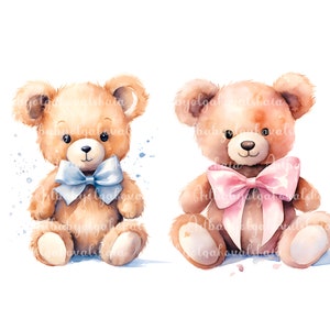 May include: Two watercolor teddy bears. One bear has a blue bow tie, the other a pink bow. Both bears are light brown with black eyes and a white muzzle. The bears are sitting down with their legs extended.