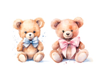 Watercolor Teddy Bear Clipart, Cute Bear PNG, Baby Shower Clipart, Gender Reveal, Digital Download