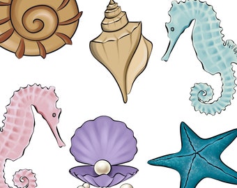 Ocean Clipart, Pearl Clam Clipart, Shell PNG, Seahorse, Starfish, Digital Download