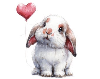 Clipart de conejito, Conejo PNG, Conejito de acuarela con globo, Día de San Valentín, Descarga digital