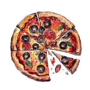 Pizza Clipart, Watercolor Pizza PNG Clip art, Digital Download