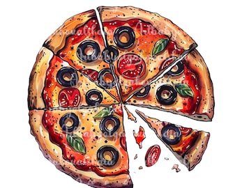 Pizza Clipart, Watercolor Pizza PNG Clip art, Digital Download