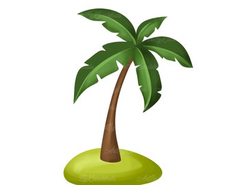 Op de afbeelding: Een digitale illustratie van een palmboom op een klein eiland. De palmboom heeft een bruine stam en groene bladeren. Het eiland is lichtgroen van kleur. De afbeelding heeft een cartoonstijl.
