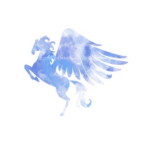 May include: Watercolor painting of a blue Pegasus, a mythical creature with the head and forelegs of a horse and the wings of an eagle, in a rearing pose.
