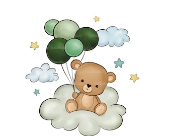 Teddy Bear with Balloons Clipart, Baby Shower PNG (Digital Download)